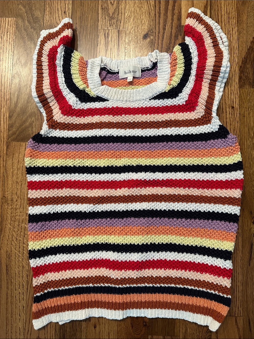 bohme Rainbow Striped Ruffle-Sleeve Knit Top